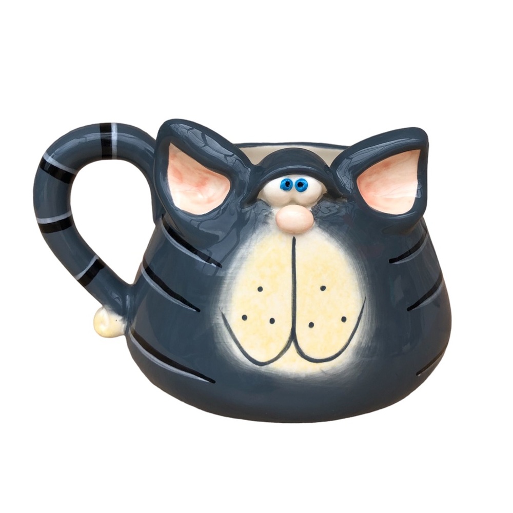 Russ‎ Berrie Signed Douglas Hand Painted Grey Striped Cat Coffee Cup Mug